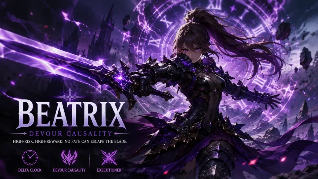 Beatrix using Devour Causality in Granblue Fantasy Relink Endless Ragnarok with the best DPS build, Master Traits, Sigils, and Summon setup.