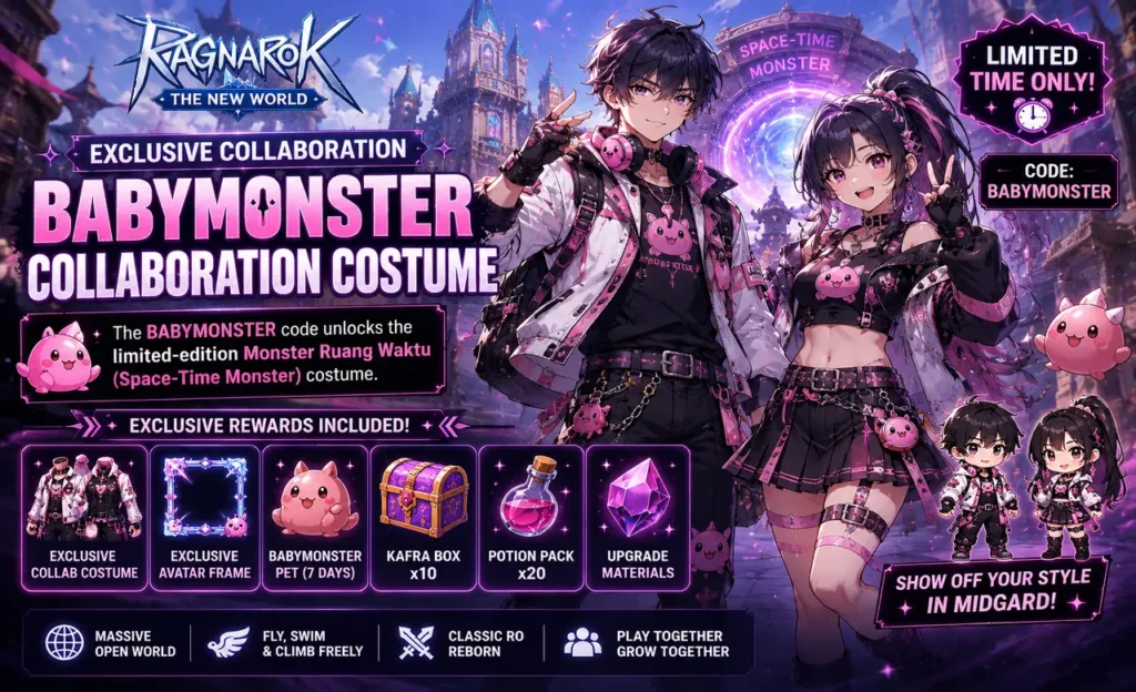 Ragnarok: The New World exclusive BABYMONSTER collaboration costume featuring the limited-edition Monster Ruang Waktu (Space-Time Monster) outfit available through the July 2026 redeem code.