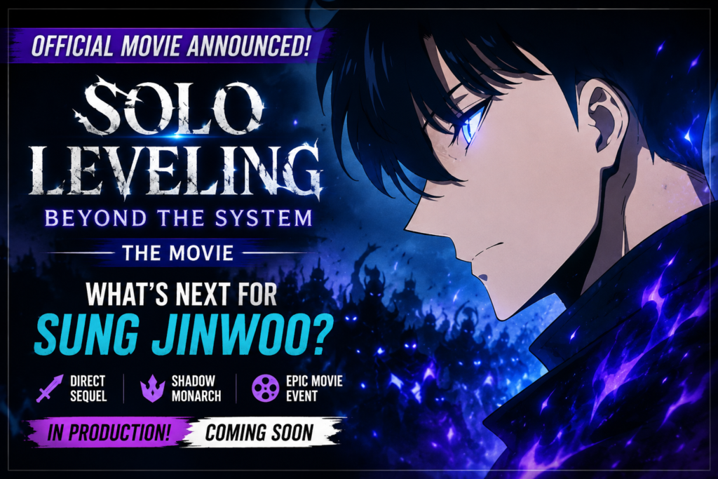 Official promotional artwork for Solo Leveling Beyond the System Movie announced at Anime Expo 2026 featuring Sung Jinwoo and his Shadow Army.