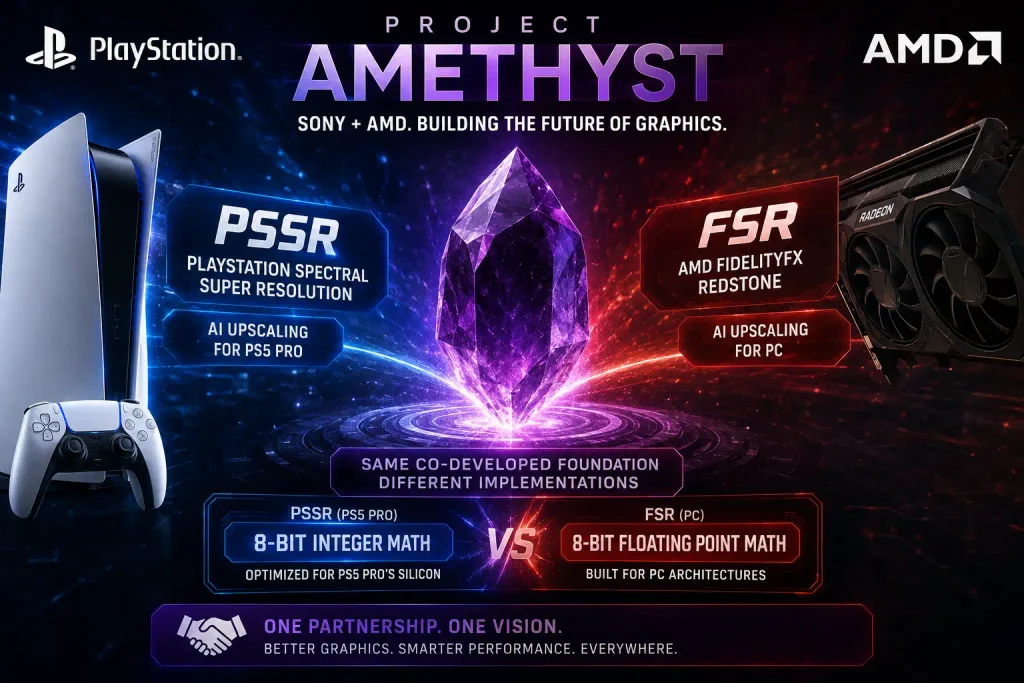 PSSR upscaling compared to AMD FSR Redstone upscaling technology Caption: PSSR and FSR Redstone share the same co-developed core algorithm.